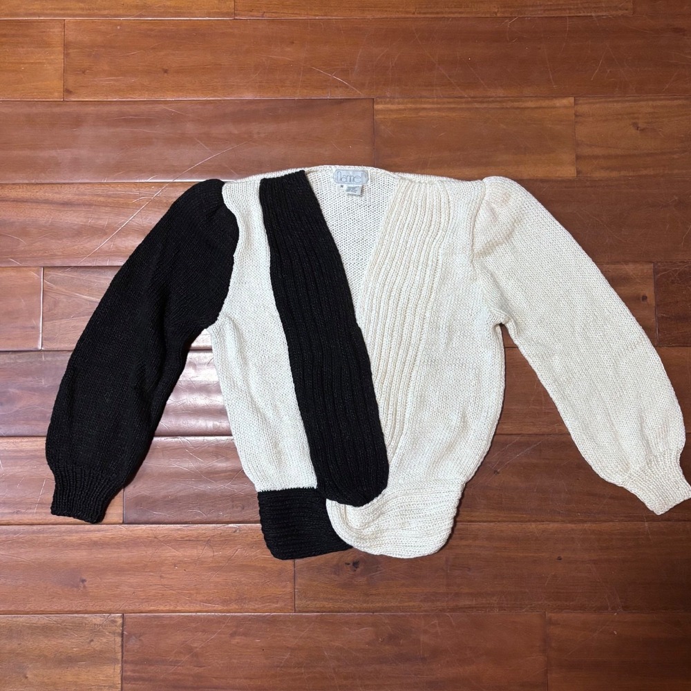 VTG 80s Nannell Hand Knit WrapStyle Sweater Black/Cream Woolblend Art To Wear|Md